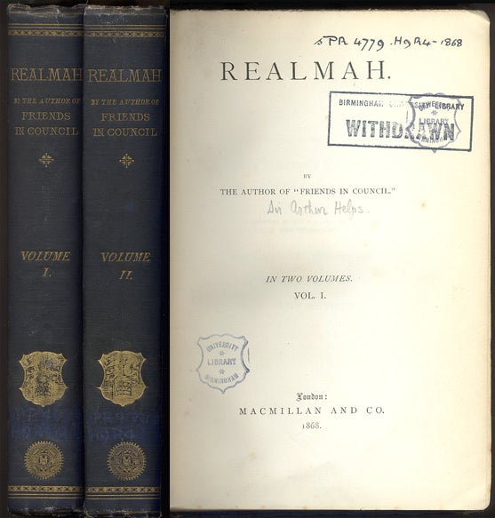 Item #301684 REALMAH. By the Author of "Friends in Council". In Two Volumes. Arthur HELPS.