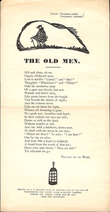 Item #302321 THE OLD MEN. [Broadside Poem]. Walter. LOVAT FRASER DE LA MARE, Claude