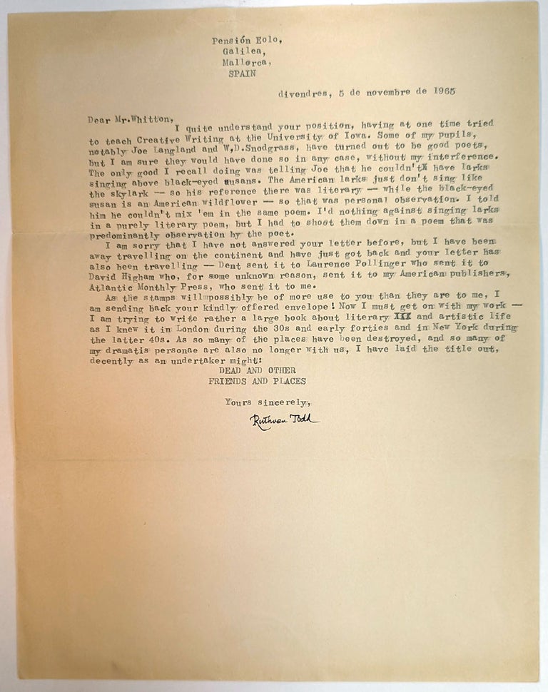 Item #311324 TYPED LETTER SIGNED. 1965. Ruthven TODD.