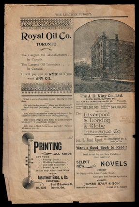 THE LEATHER BUDGET, Vol. 1, No. 1, Toronto, September 1894. ADVERTISING BROCHURE, which prints THE MAPLE LEAF, OUR EMBLEM DEAR; A CANADIAN NATIONAL SONG by Alexander Muir.
