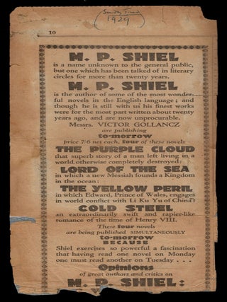 Item #311504 ADVERTISING FOR THE 1929 GOLLANCZ RE-ISSUES OF THE PURPLE CLOUD, LORD OF THE SEA,...
