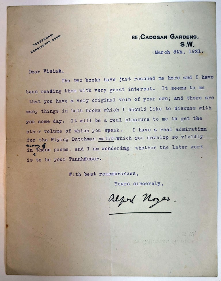 Item #312689 TYPED LETTER SIGNED, To E.H. Visiak, dated March 8th, 1921. Alfred NOYES.