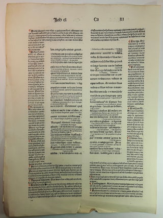 BIBLIA LATINA LEAF, From Biblia Latina cum Glossa Ordinaria von Pseudo-Walafrid Strabo und Interlinearglossen von Anselmus Laudunensis. Printed by Adolf Rusch, Strassburg, for Anton Koberger at Nuremburg, not after 1480.
