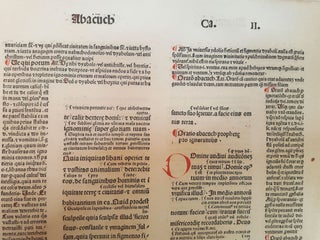 BIBLIA LATINA LEAF, From Biblia Latina cum Glossa Ordinaria von Pseudo-Walafrid Strabo und Interlinearglossen von Anselmus Laudunensis. Printed by Adolf Rusch, Strassburg, for Anton Koberger at Nuremburg, not after 1480.