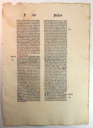 Item #313374 A LEAF FROM SUMMA PRAEDICANTIUM PRINTED BY JOHANN AMERBACH, BASIL, 1484. Johannes de...