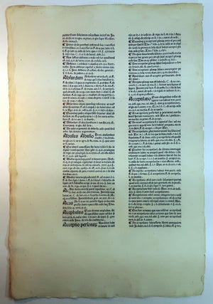 A LEAF FROM DE REPERTORIUM UTRIUSQUE IURIS, PRINTED BY JOHANNES HERBORT, de SELIGENSTADT, PADUA, 1480.