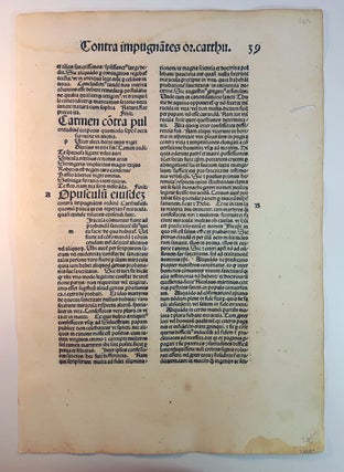 Item #313386 A LEAF FROM THE OPERA PRINTED BY JOHANN GRÜNINGER, STRASSBURG, 1488. Johannes...