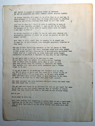 Item #314548 WHY DUSINT TH LEAGUE OF CANADIAN POETS DO SUMTHING ND GET AN ORGANIZER FOR CROSS...