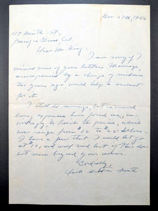 AUTOGRAPH LETTER SIGNED, With Signed Envelope. 1956. Clark Ashton SMITH.